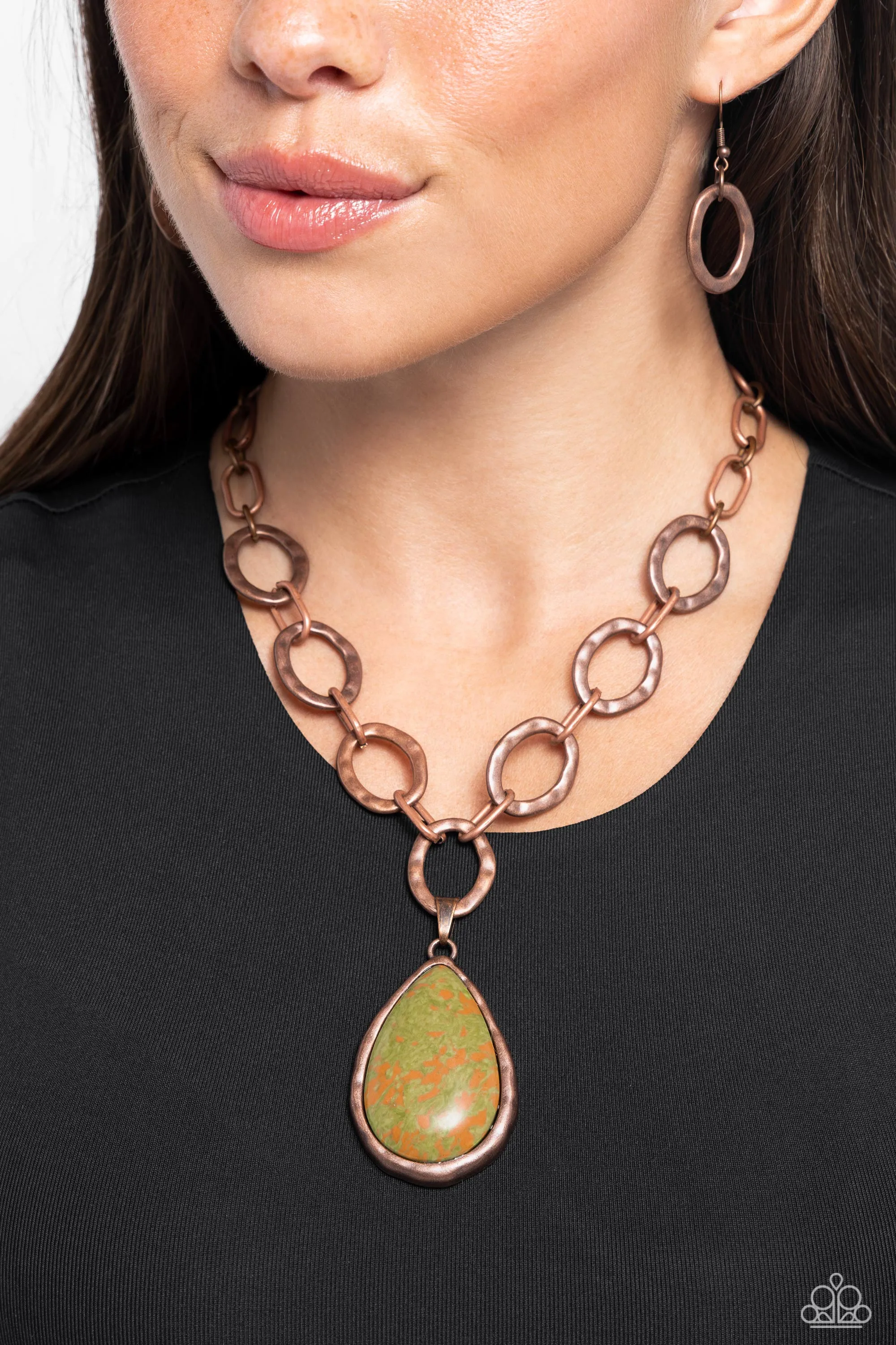 Tangible Tranquility - Copper - Oversized Green and Orange Stone Paparazzi Short Necklace