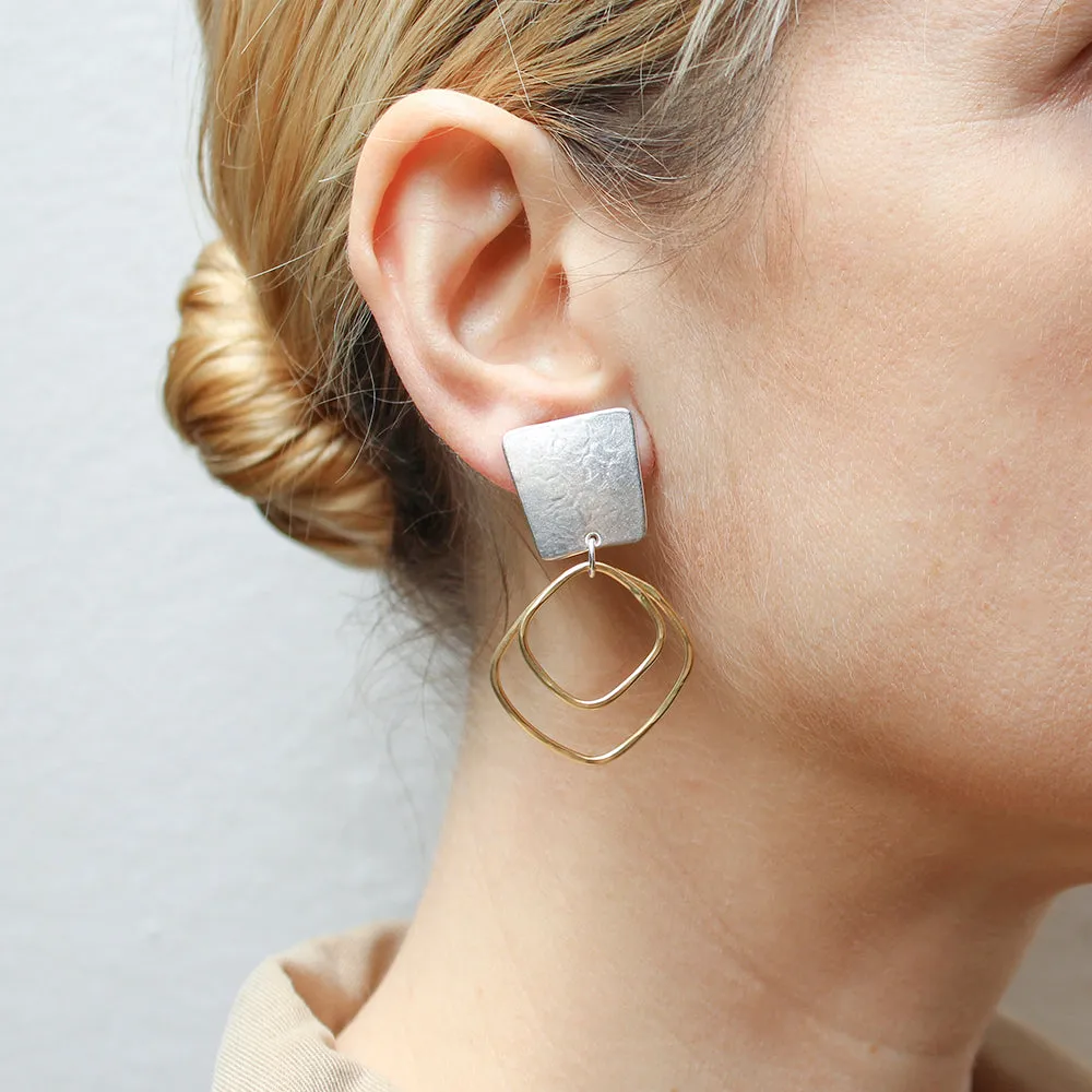 Tapered Square with Double Square Rings Clip or Post Earring