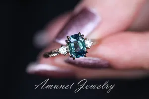 Teal Sapphire ring,blue green sapphire engagement ring, unique ring, Madagascar sapphire ring.