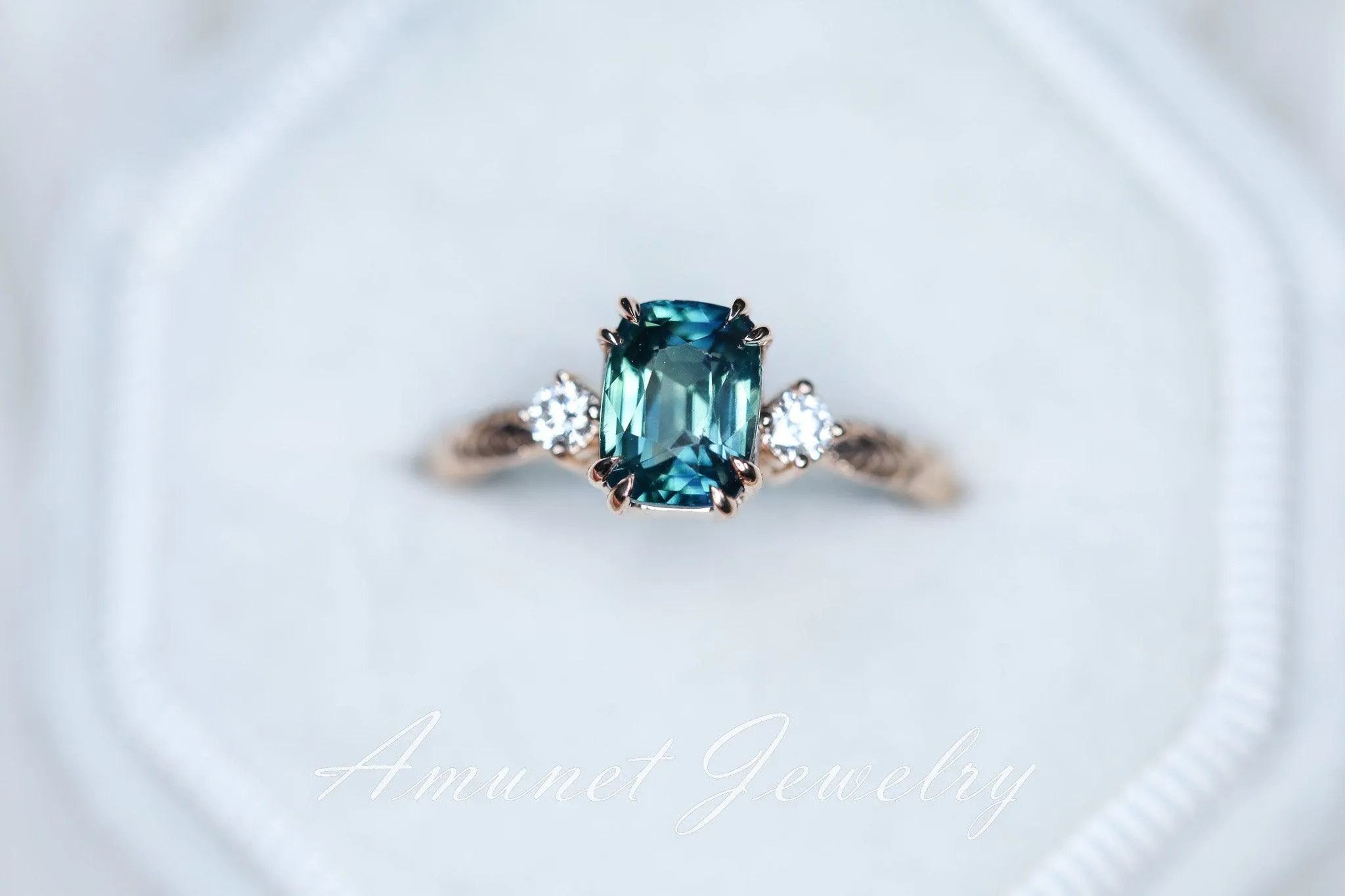 Teal Sapphire ring,blue green sapphire engagement ring, unique ring, Madagascar sapphire ring.