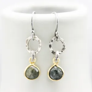Teardrop faceted Emerald earrings in silver bezel setting with silver circle shape and hooks style on the top