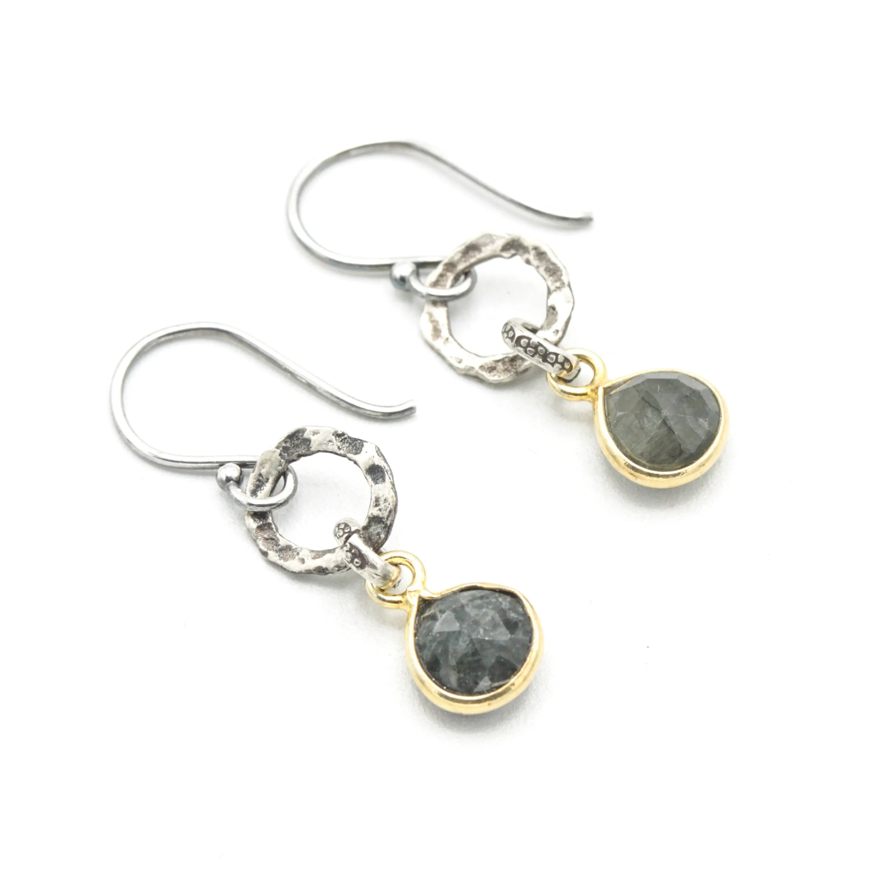 Teardrop faceted Emerald earrings in silver bezel setting with silver circle shape and hooks style on the top