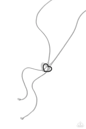 Tempting Tassel - Black - Rhinestone Encrusted Heart Paparazzi Bolo Necklace