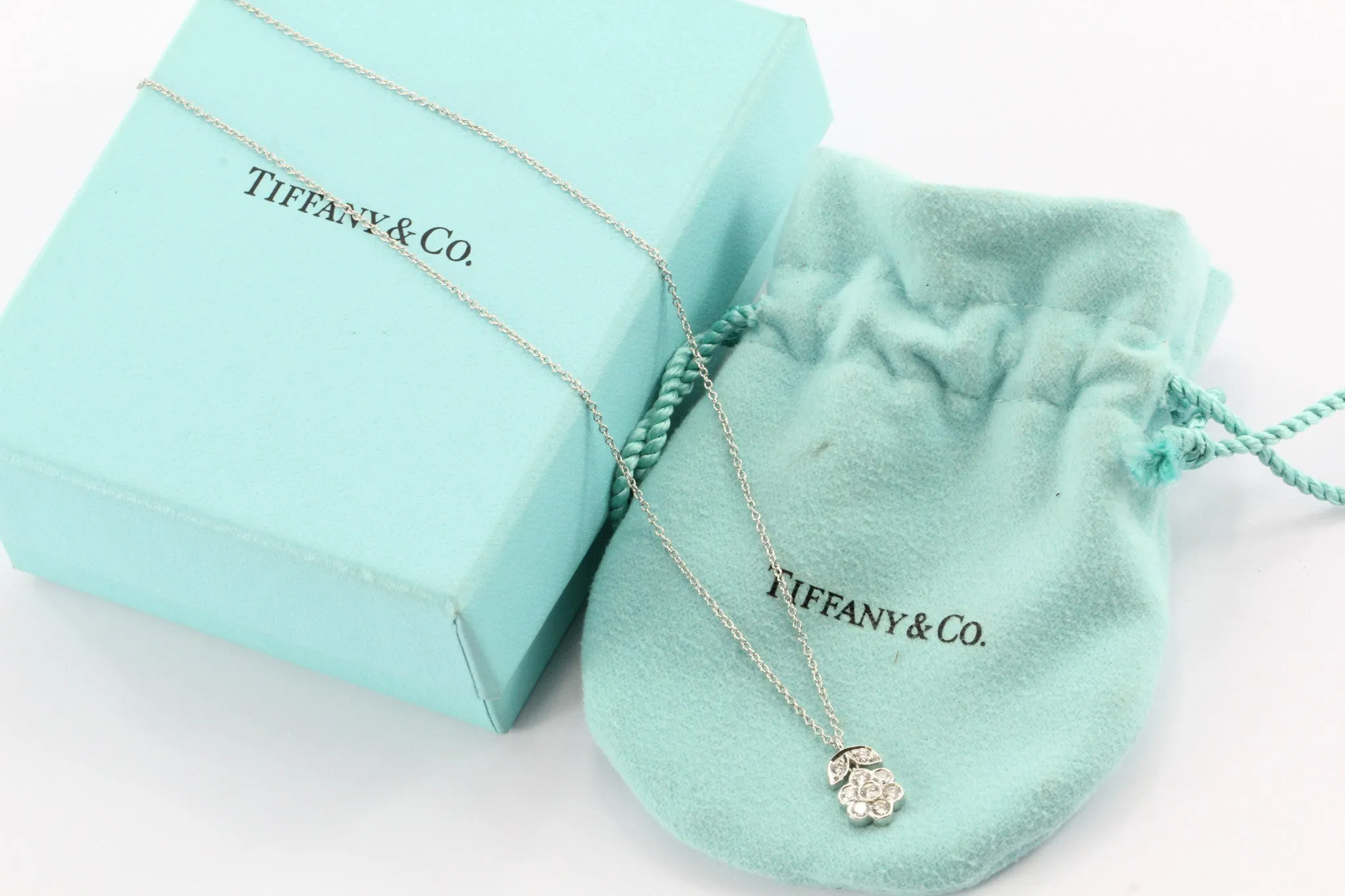 Tiffany & Co Platinum & Diamond Flower Blossom Pendant Necklace .26 CTW