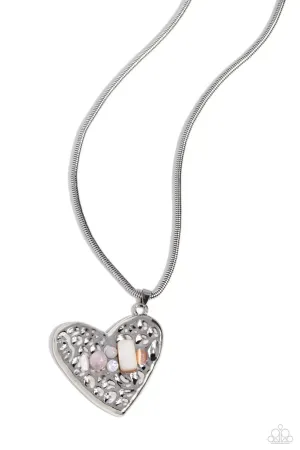 Tilted Trailblazer - Pink - Oversized Pearl and Stone Encrusted Hammered Heart Paparazzi Short Necklace