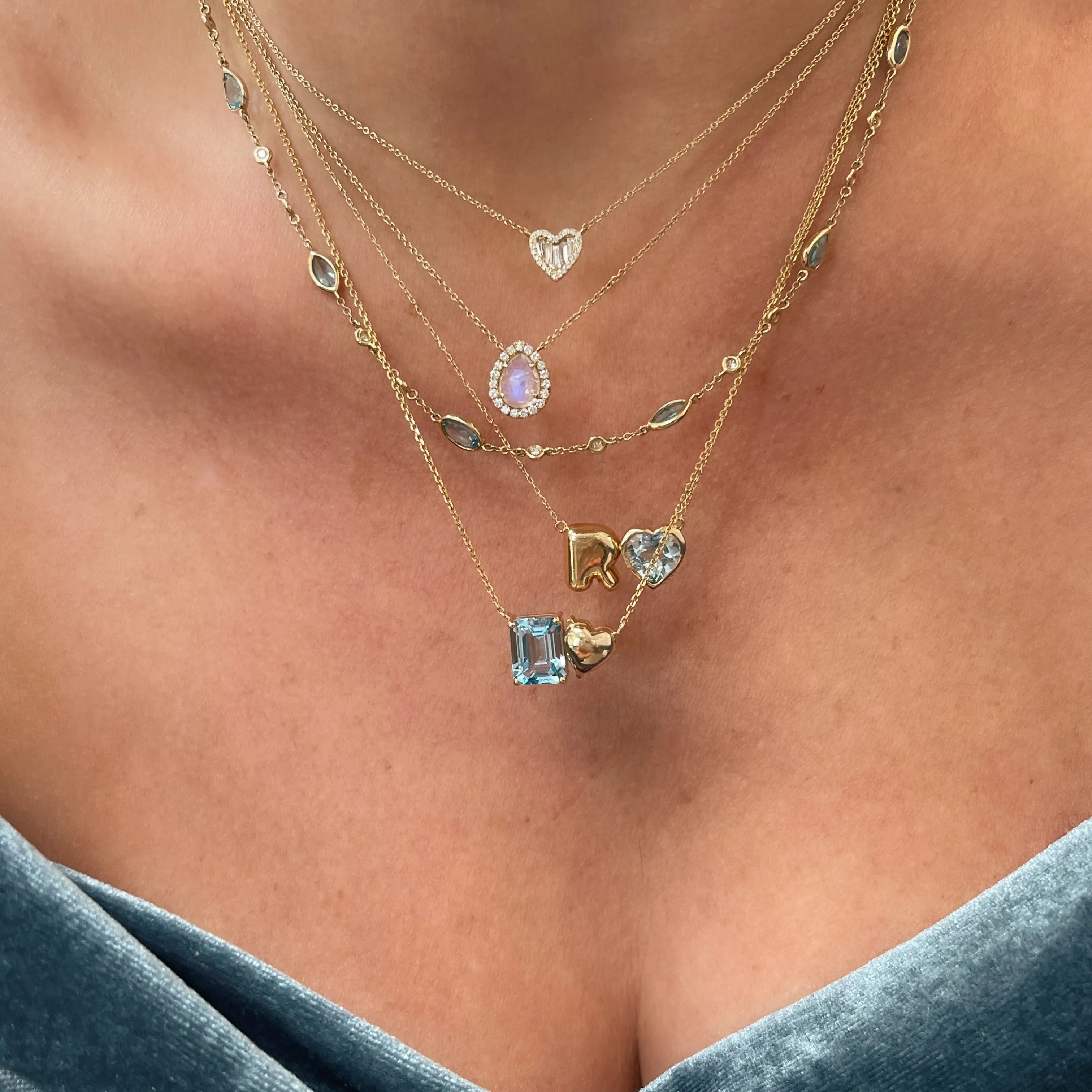Topaz Heart Puffer Initial Pendant Necklace
