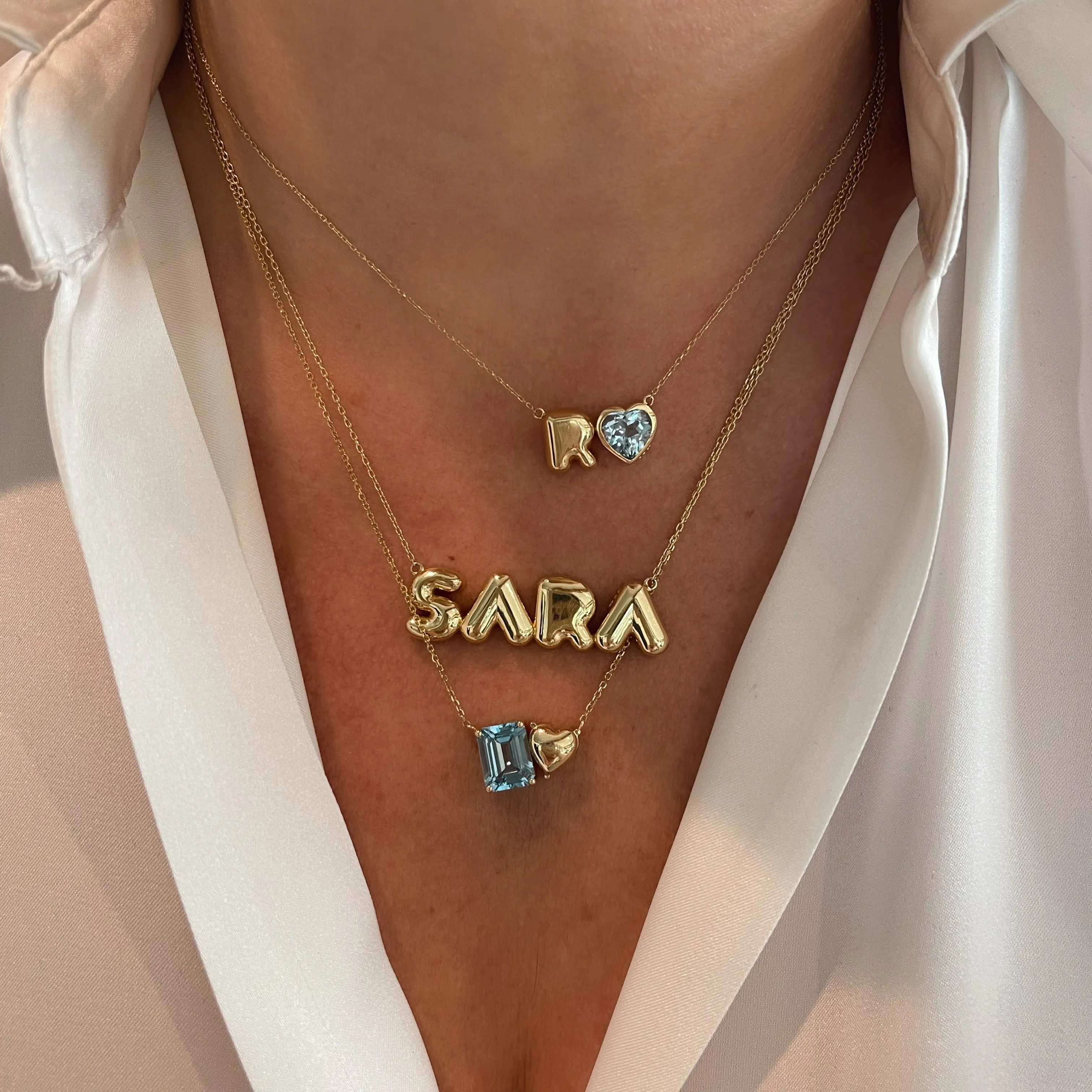 Topaz Heart Puffer Initial Pendant Necklace