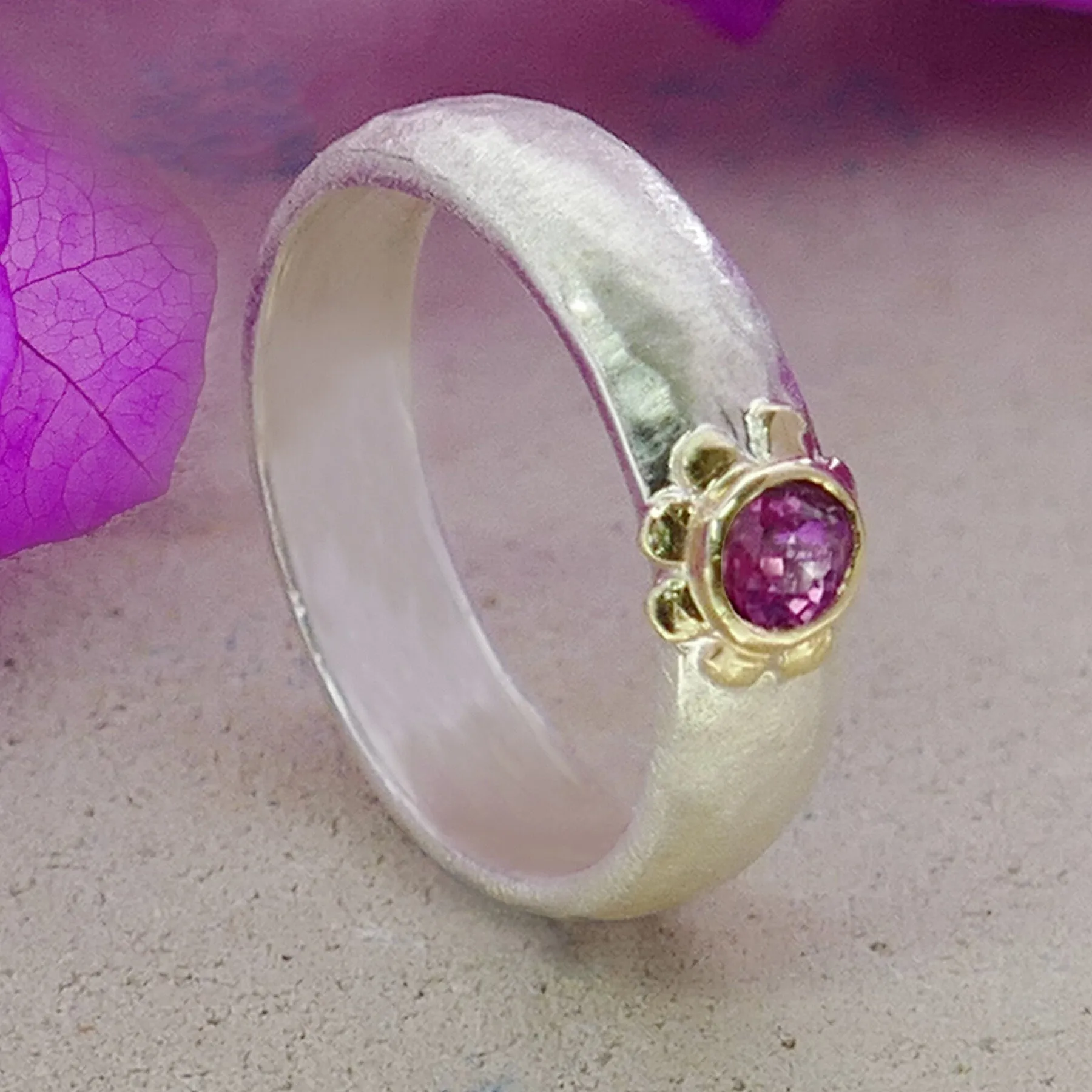 Tourmaline Mixed Metal Ring Natural Pink Tourmaline Gemstone Two Tone Solid 9k Yellow Gold & 925 Sterling Silver Solitaire Ring