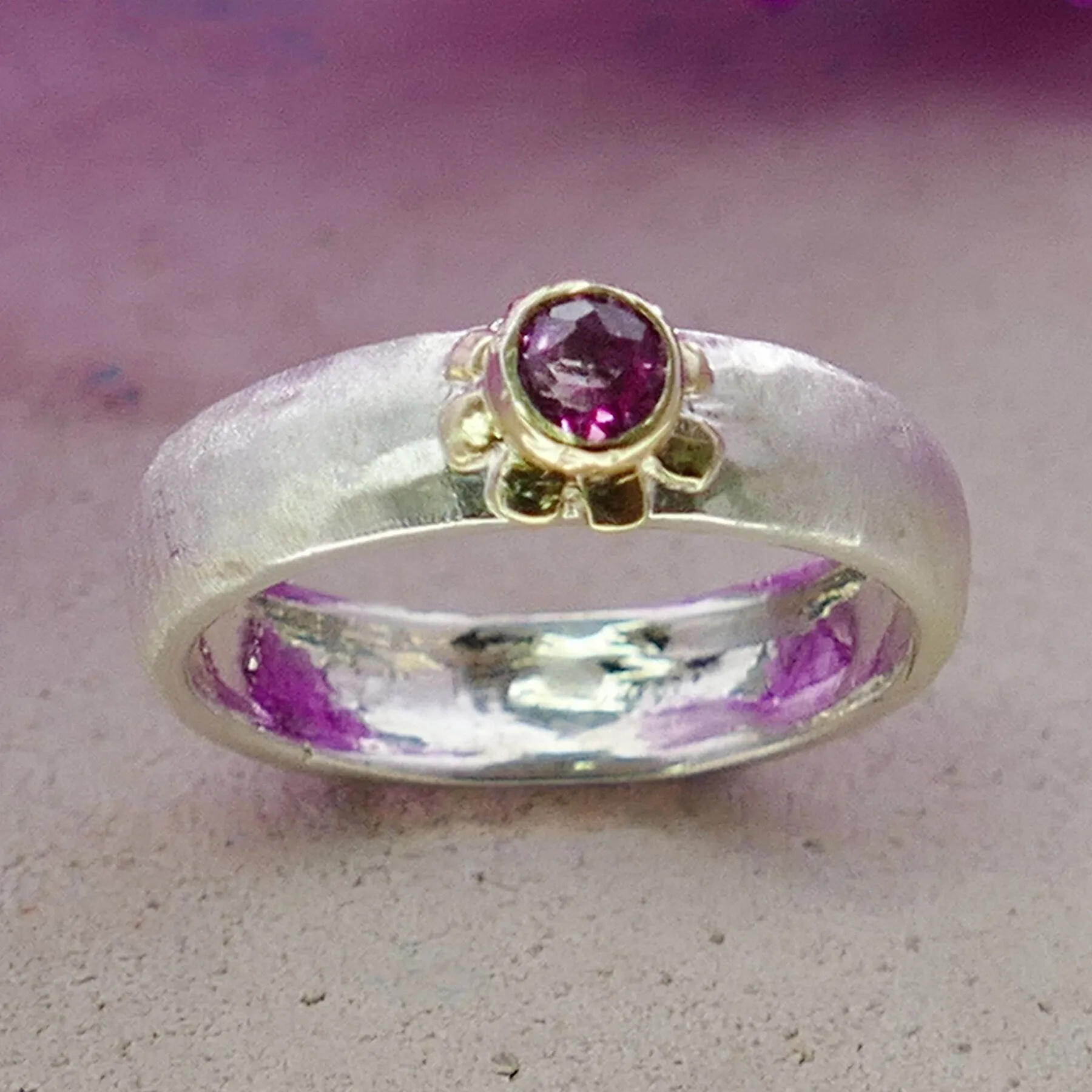 Tourmaline Mixed Metal Ring Natural Pink Tourmaline Gemstone Two Tone Solid 9k Yellow Gold & 925 Sterling Silver Solitaire Ring