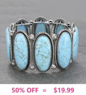 Turquoise Color Stone, Silver Setting, Western stretch bracelet