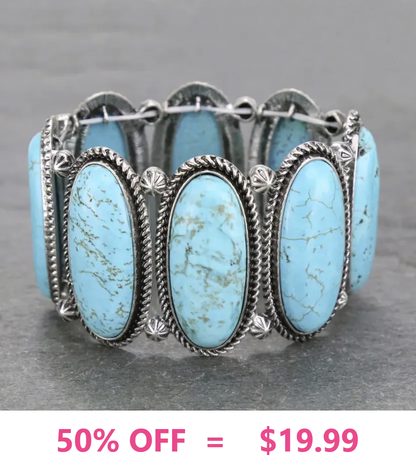Turquoise Color Stone, Silver Setting, Western stretch bracelet
