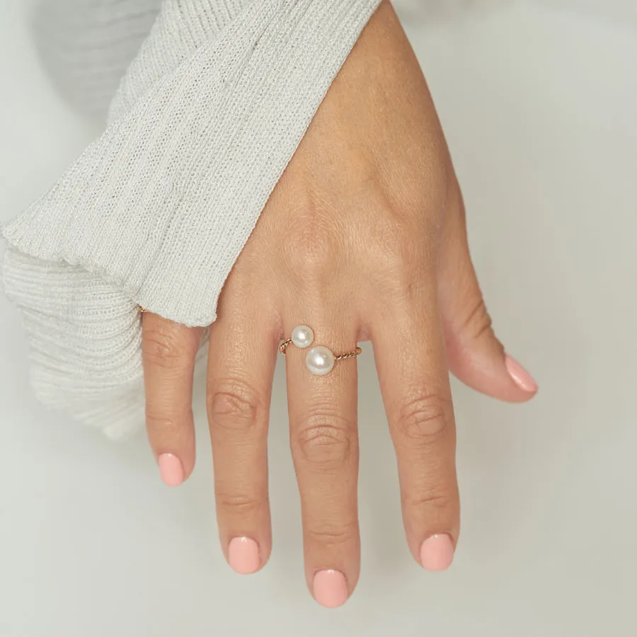 Twisted Double Pearl Open Ring