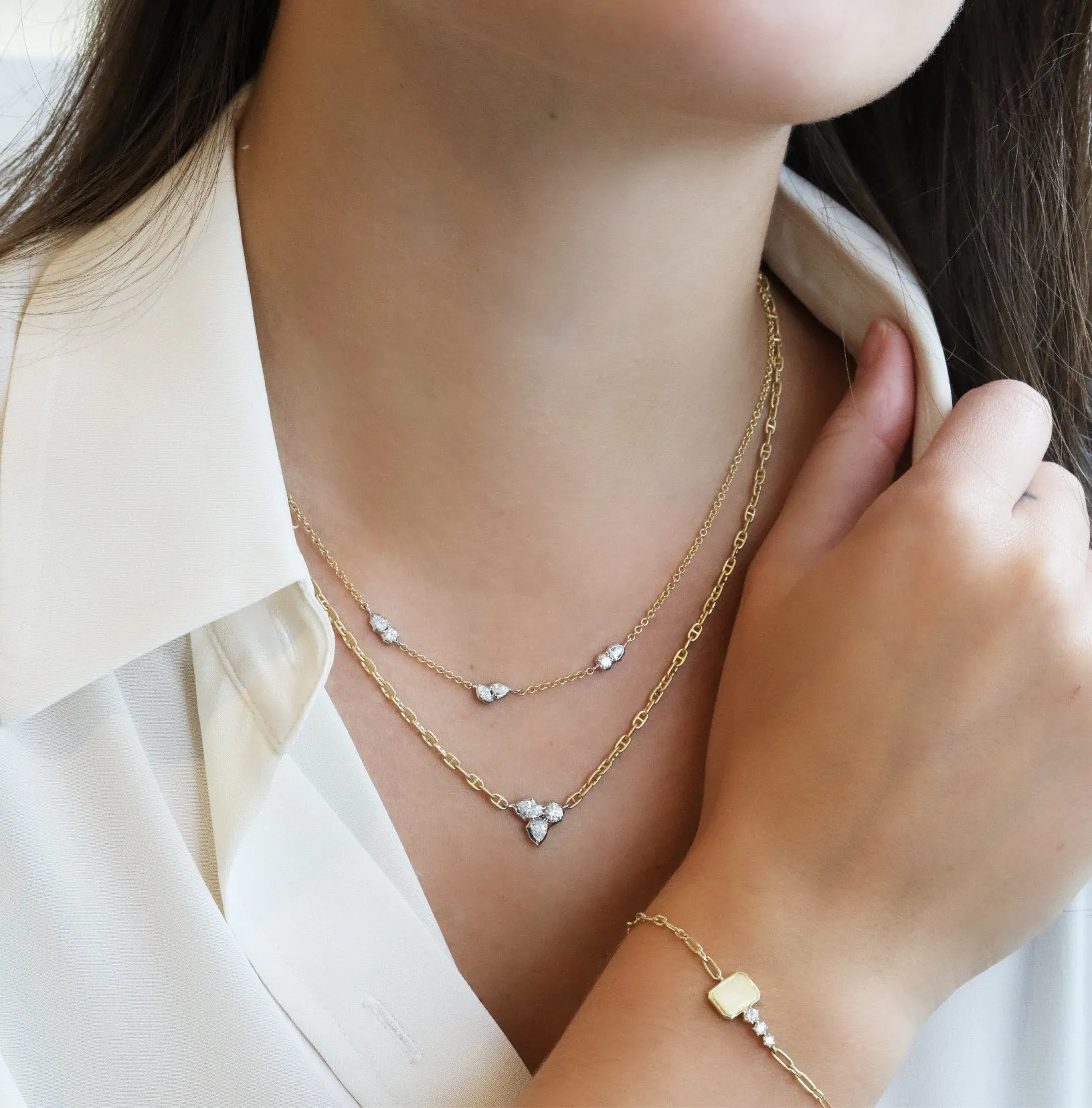 Two-Tone "Posey" Three Diamond Cluster Station Necklace