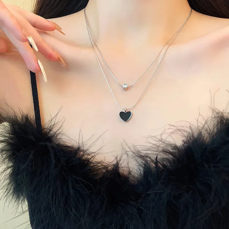 Unique Double Layer Black Love Heart Neckaces Women Exquisite Light Luxury Zircon Necklace Jewelry Party Gifts