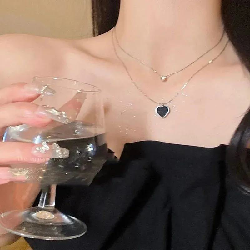 Unique Double Layer Black Love Heart Neckaces Women Exquisite Light Luxury Zircon Necklace Jewelry Party Gifts