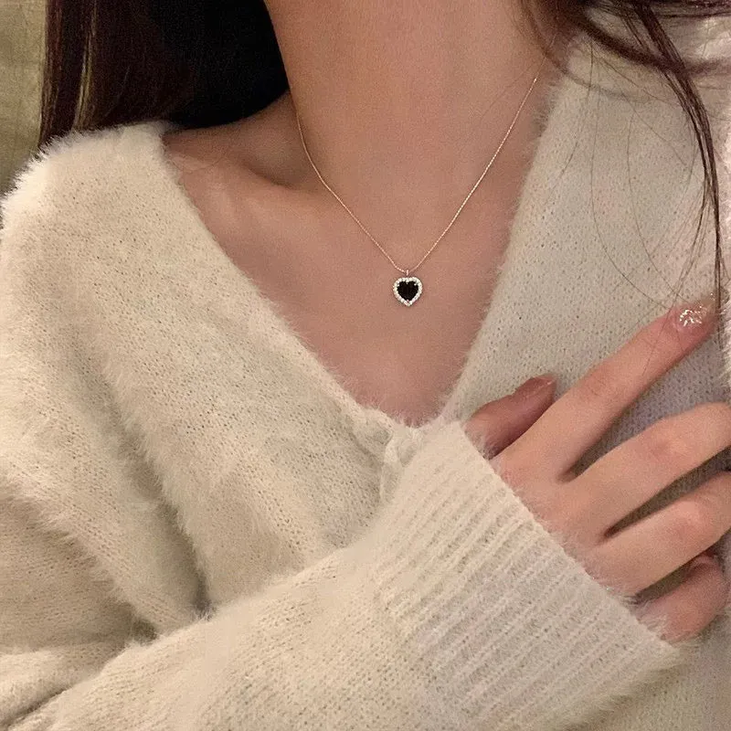 Unique Double Layer Black Love Heart Neckaces Women Exquisite Light Luxury Zircon Necklace Jewelry Party Gifts