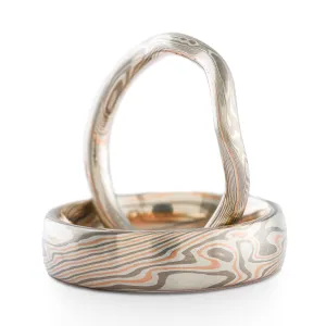 Unique Mokume Gane Rings or Wedding Band Set with Contoured Band in Twist Pattern in Ash & Embers Palette with Red Gold Stratum