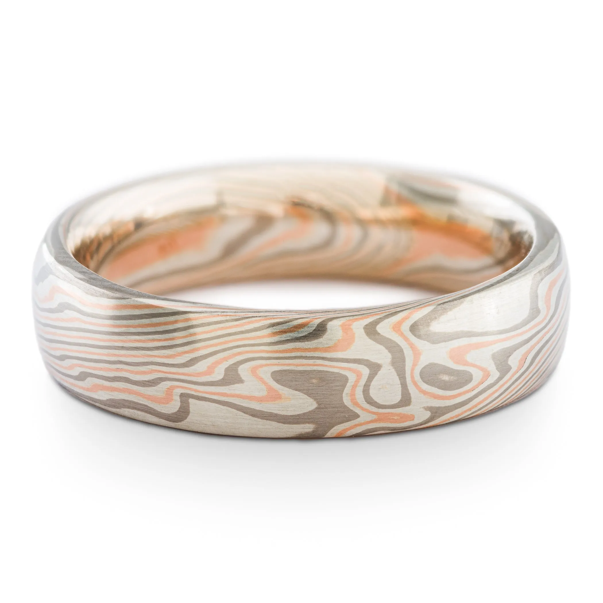 Unique Mokume Gane Rings or Wedding Band Set with Contoured Band in Twist Pattern in Ash & Embers Palette with Red Gold Stratum