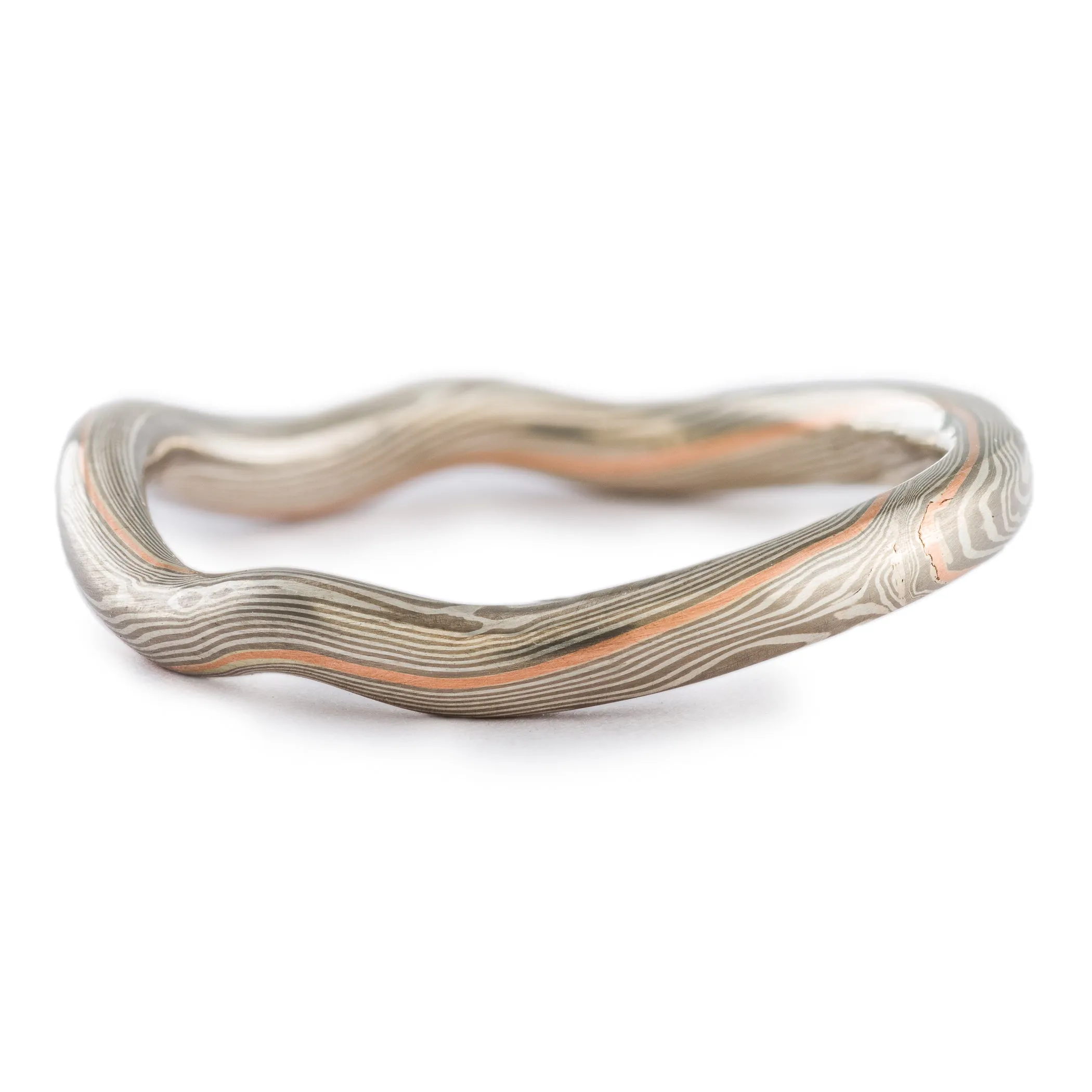 Unique Mokume Gane Rings or Wedding Band Set with Contoured Band in Twist Pattern in Ash & Embers Palette with Red Gold Stratum