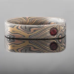 Unique Mokume Gane Square Wedding Band or Ring in Twist Pattern and Firestorm Palette with added Garnet