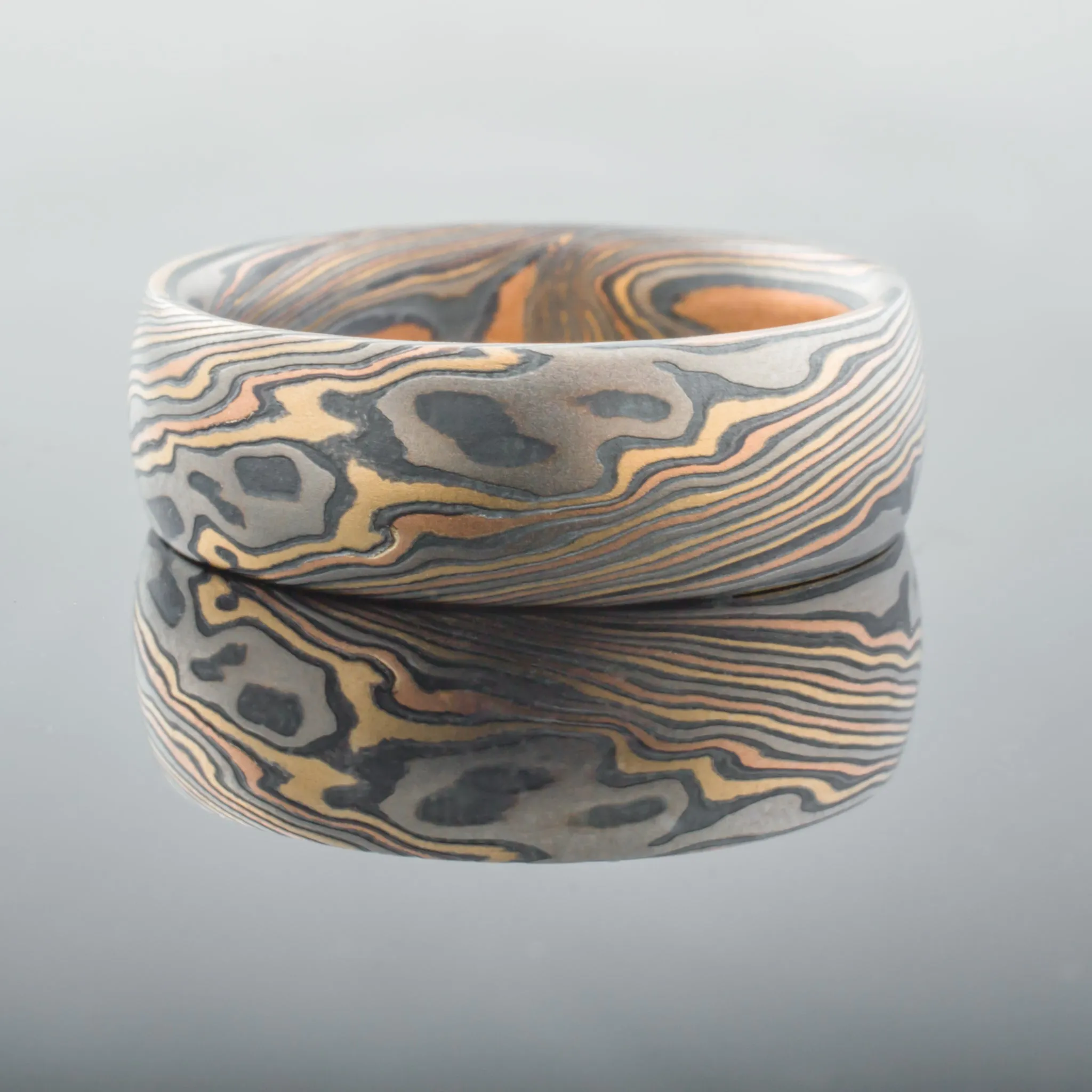 Unique Mokume Gane Wedding Band or Ring in Firestorm Palette and Twist Pattern