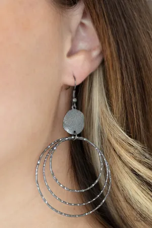 Universal Rehearsal - Black - Gunmetal Hammered Hoop Paparazzi Fishhook Earrings