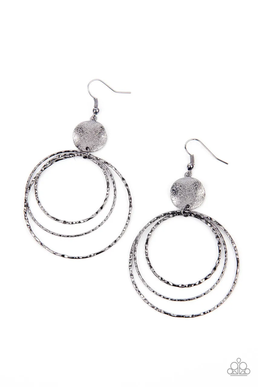 Universal Rehearsal - Black - Gunmetal Hammered Hoop Paparazzi Fishhook Earrings
