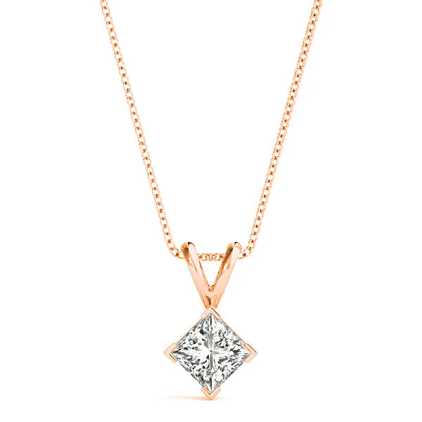 V Prong Princess Cut Diamond Solitaire Necklace Pendant