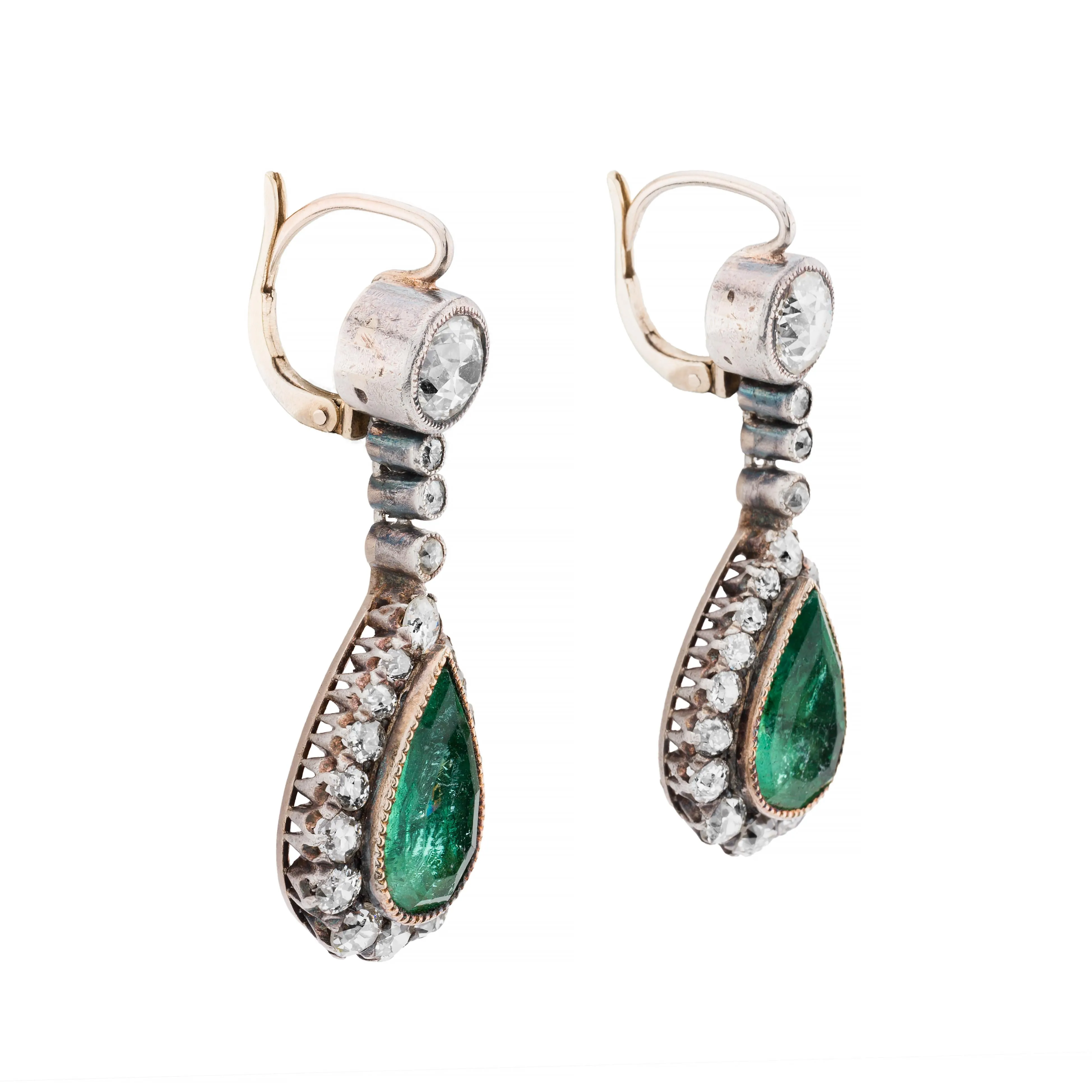 Victorian 9.60ctw Emerald & Mine Cut Diamond Dangle Drop Earrings