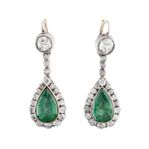 Victorian 9.60ctw Emerald & Mine Cut Diamond Dangle Drop Earrings