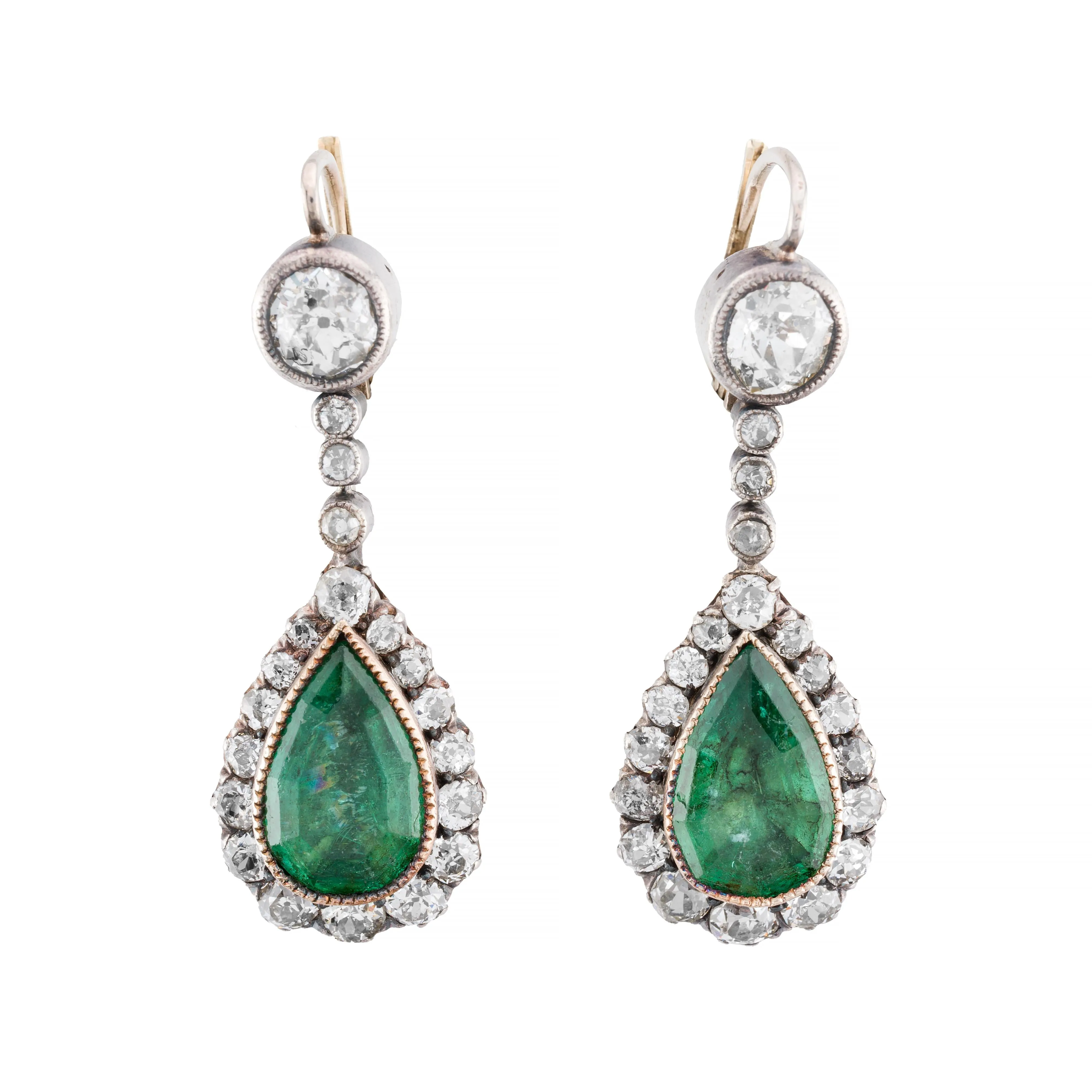 Victorian 9.60ctw Emerald & Mine Cut Diamond Dangle Drop Earrings