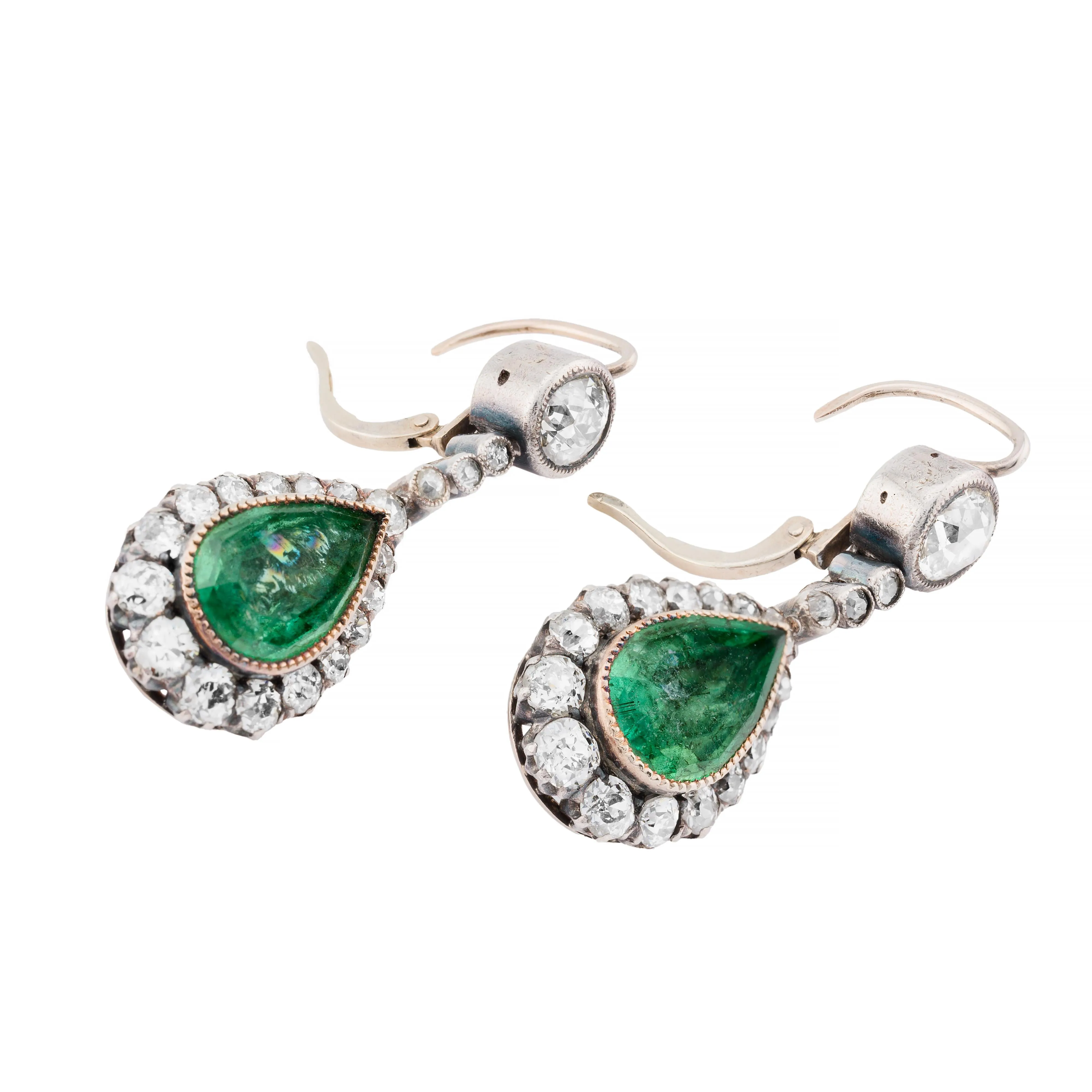 Victorian 9.60ctw Emerald & Mine Cut Diamond Dangle Drop Earrings