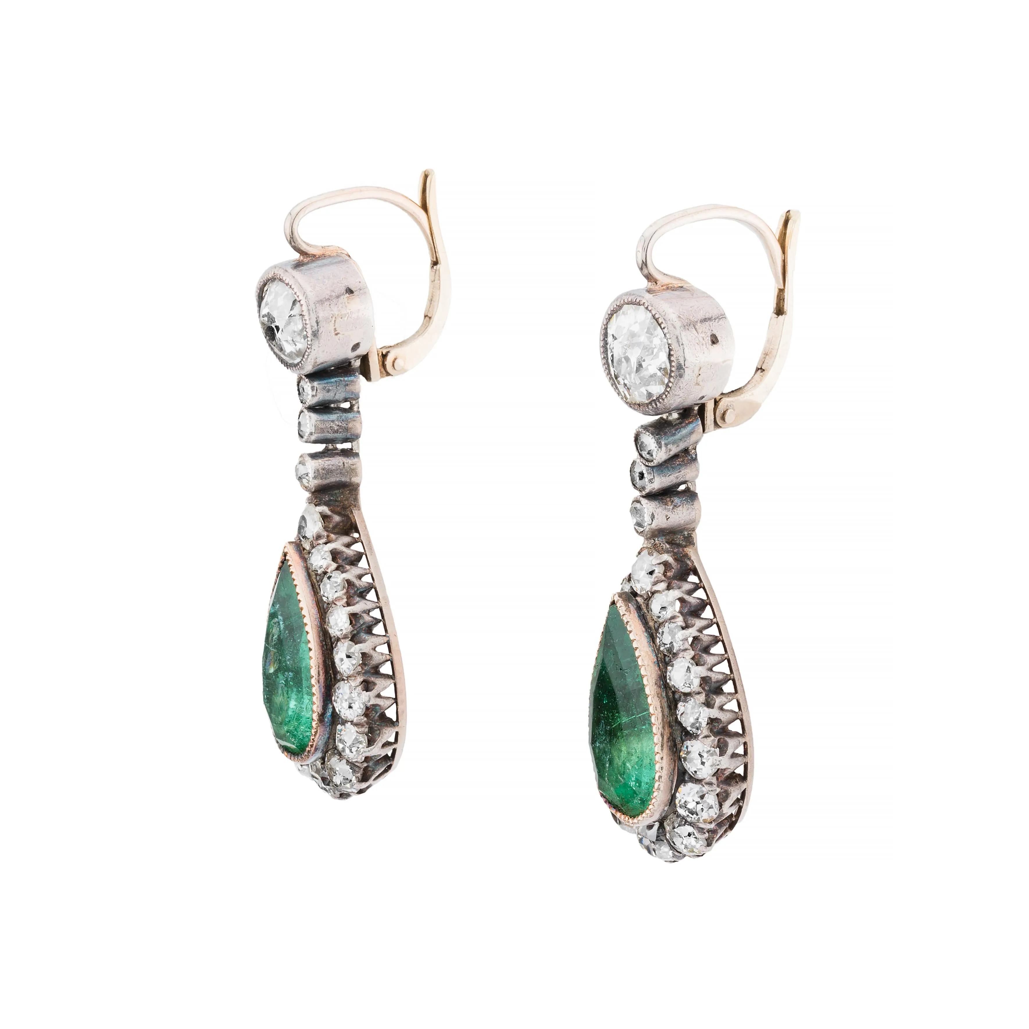 Victorian 9.60ctw Emerald & Mine Cut Diamond Dangle Drop Earrings