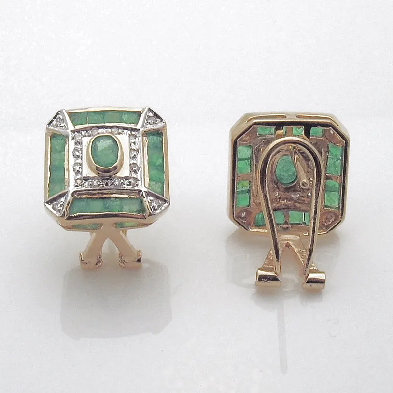 Vintage 14k Emerald and Diamond Omega Back Earrings