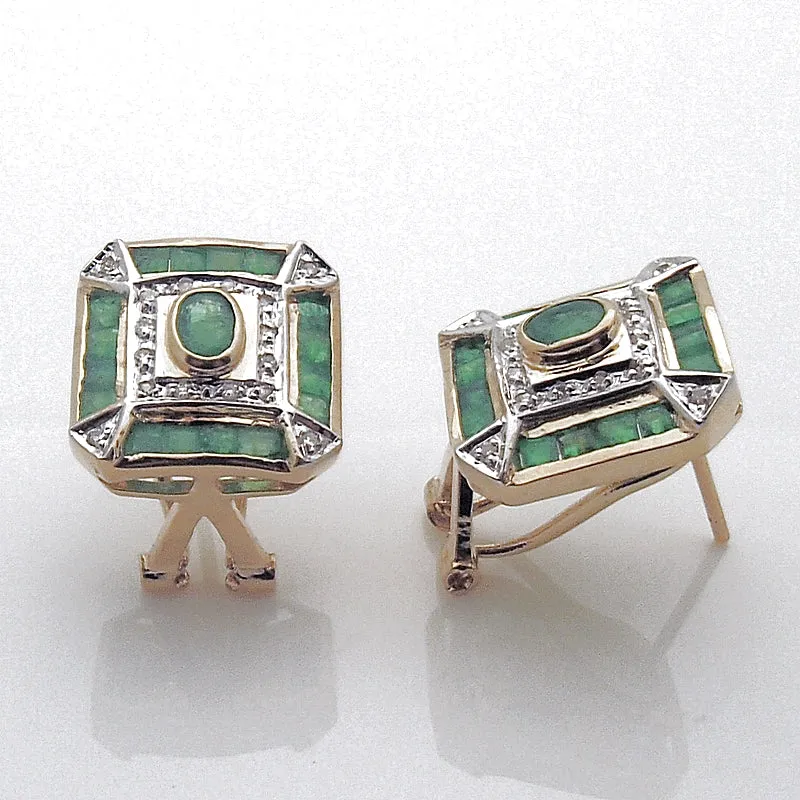 Vintage 14k Emerald and Diamond Omega Back Earrings