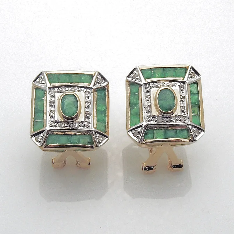 Vintage 14k Emerald and Diamond Omega Back Earrings