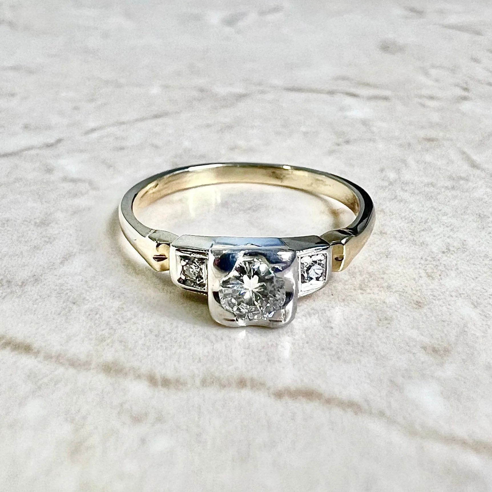 Vintage 1940’s Retro 14 Karat Yellow & White Gold Diamond Three-Stone Engagement Ring