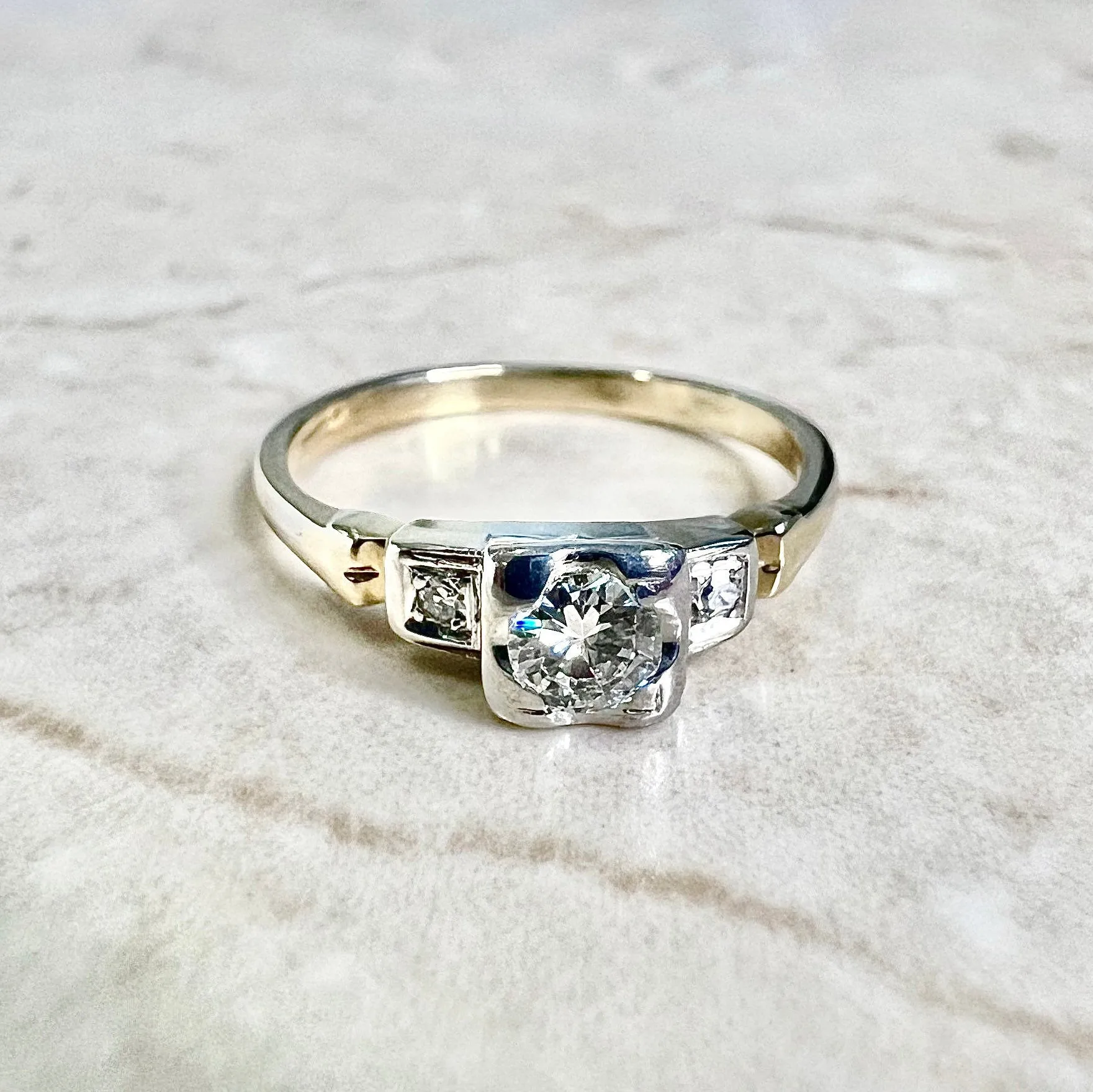 Vintage 1940’s Retro 14 Karat Yellow & White Gold Diamond Three-Stone Engagement Ring