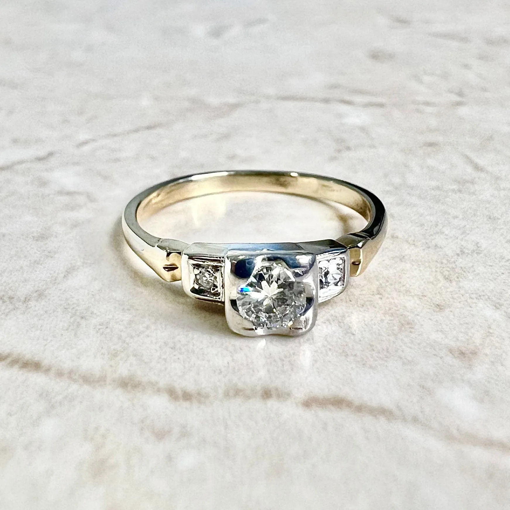 Vintage 1940’s Retro 14 Karat Yellow & White Gold Diamond Three-Stone Engagement Ring