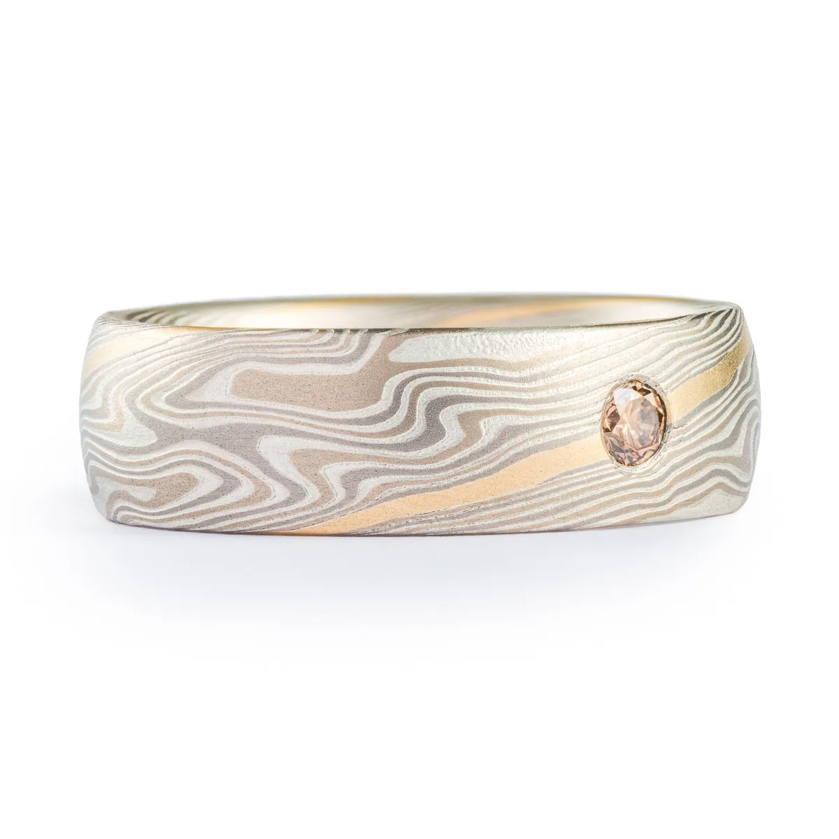 Vintage Elegance Mokume Gane Wedding Band in Smoke Palette and Twist Pattern with Diamond