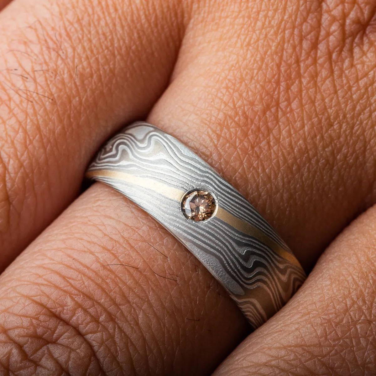 Vintage Elegance Mokume Gane Wedding Band in Smoke Palette and Twist Pattern with Diamond