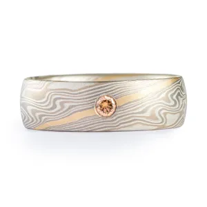 Vintage Elegance Mokume Gane Wedding Band in Smoke Palette and Twist Pattern with Diamond