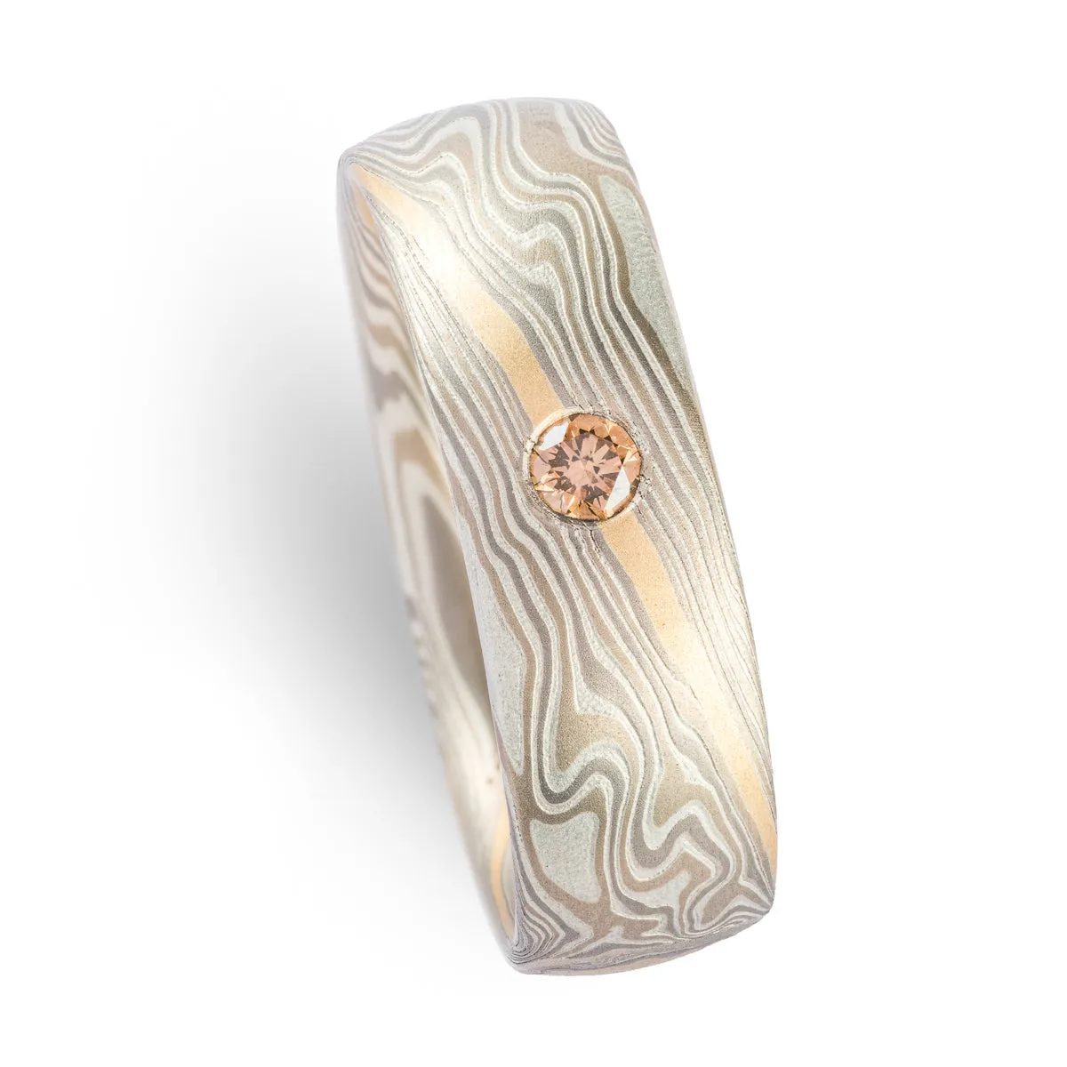 Vintage Elegance Mokume Gane Wedding Band in Smoke Palette and Twist Pattern with Diamond