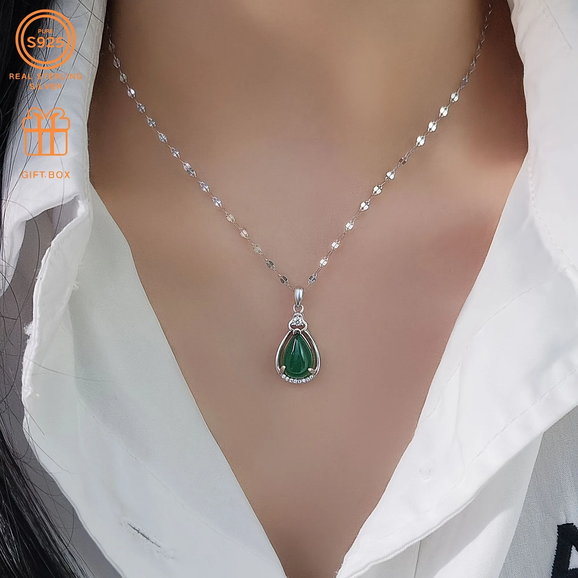 Vintage Style Silvery Teardrop Necklace with CZ Platinum Plated