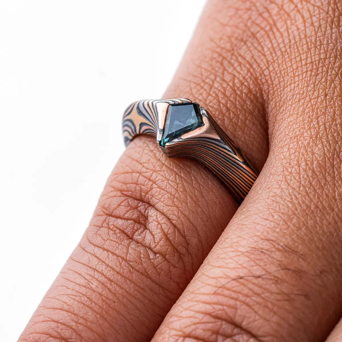 Whimsigothic Mokume Gane Engagement Ring with Sapphire Kite