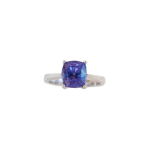 White Gold Cushion Tanzanite Four-claw Solitaire Ring