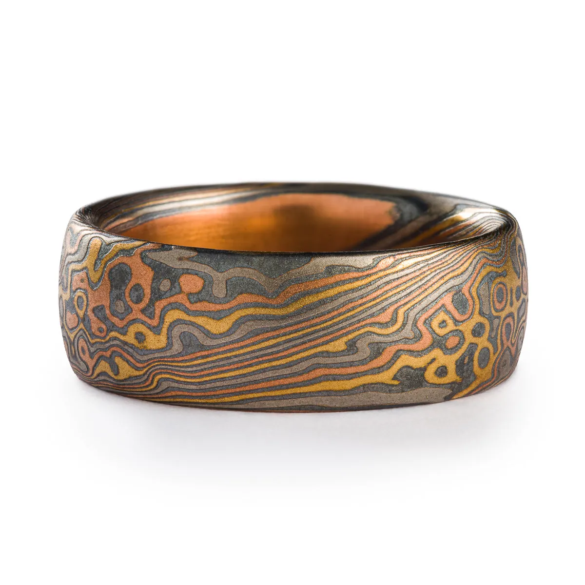 Woodsy Mokume Gane Ring or Wedding Band in Twist/Droplet Pattern and Firestorm Palette