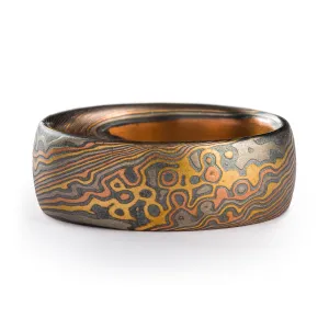 Woodsy Mokume Gane Ring or Wedding Band in Twist/Droplet Pattern and Firestorm Palette