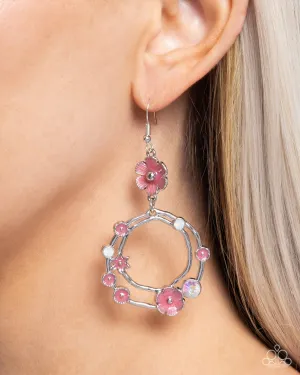 Wreathed Waikiki - Pink - Painted Flower Silver Hoop Paparazzi Fishhook Earrings