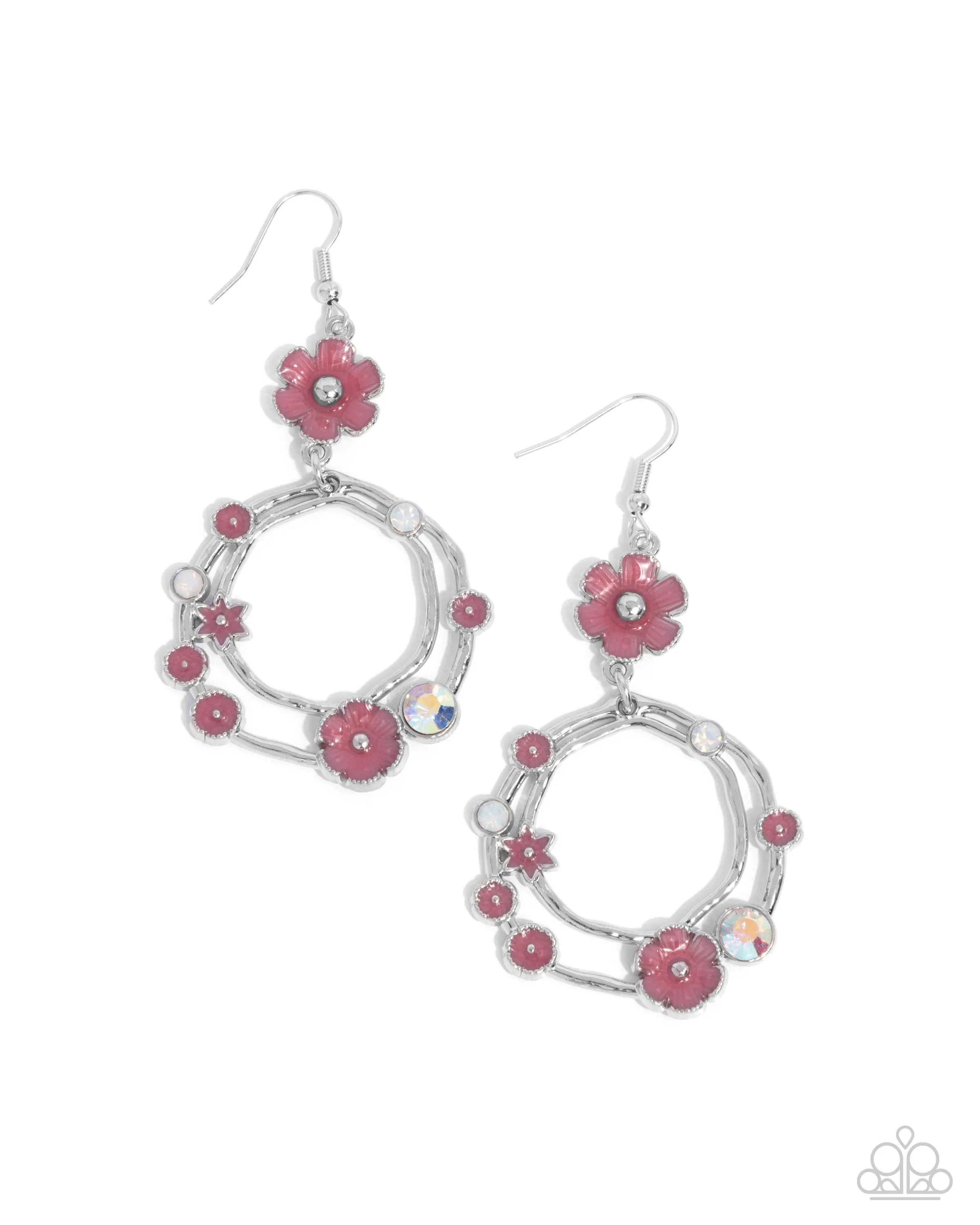 Wreathed Waikiki - Pink - Painted Flower Silver Hoop Paparazzi Fishhook Earrings